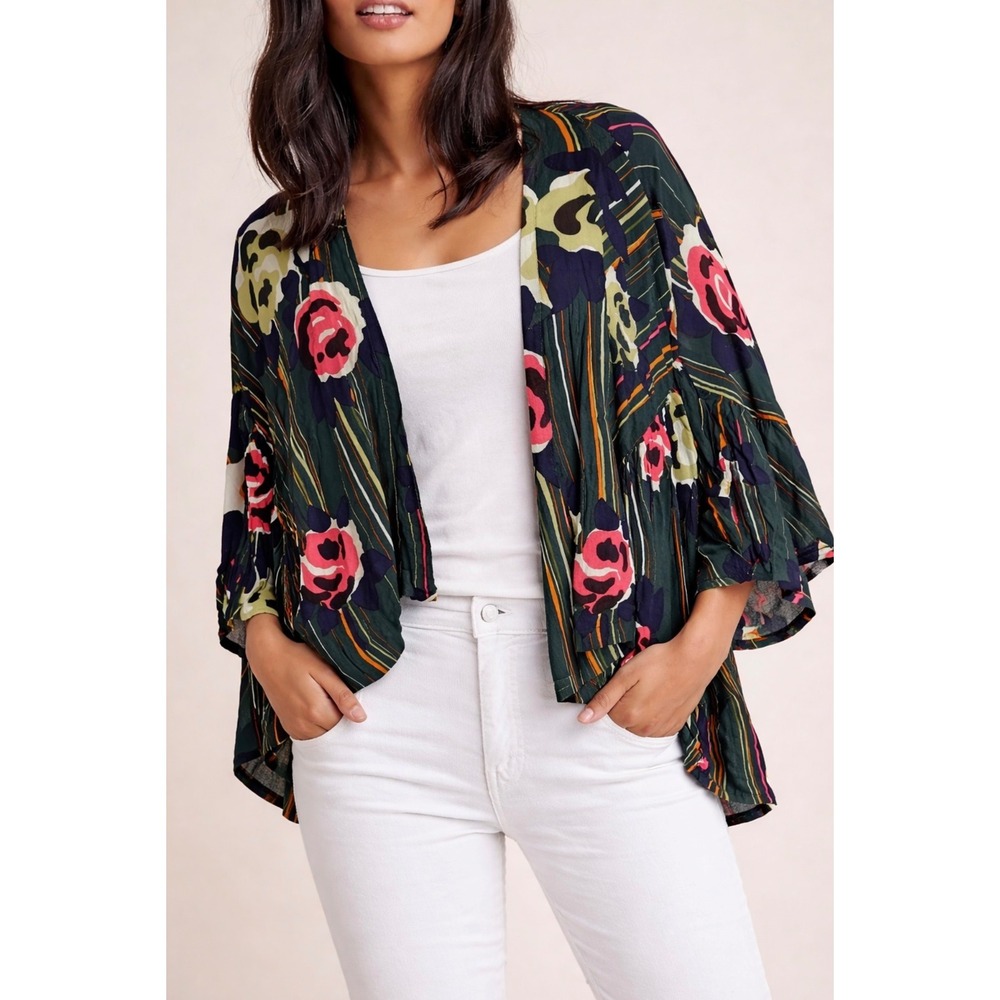 Anthropologie Bel Kazan Juniper Green Floral Kimono Size One‎ Size